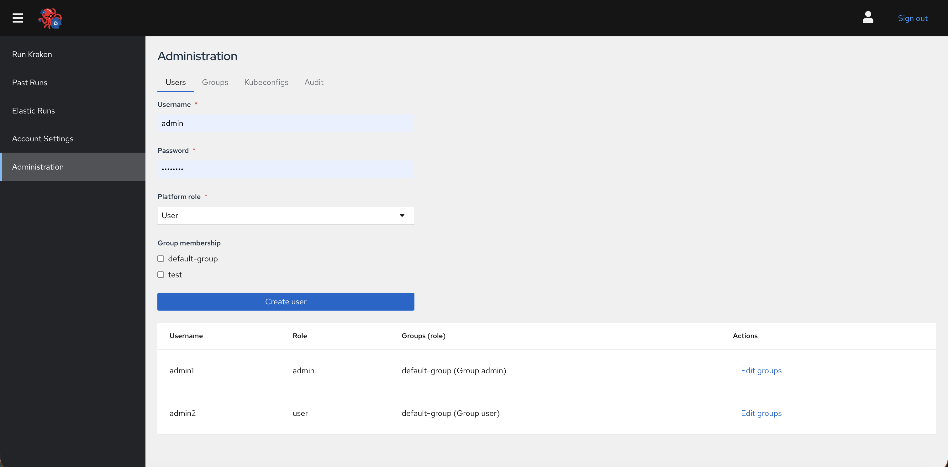 Administration page